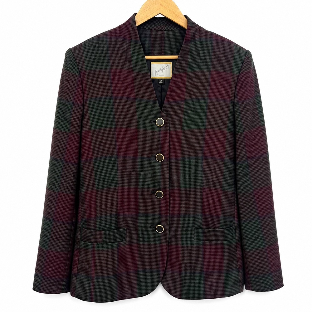 Jacqueline Ferrar Vintage Plaid Blazer Jacket Burgundy Green Rayon Womens 16